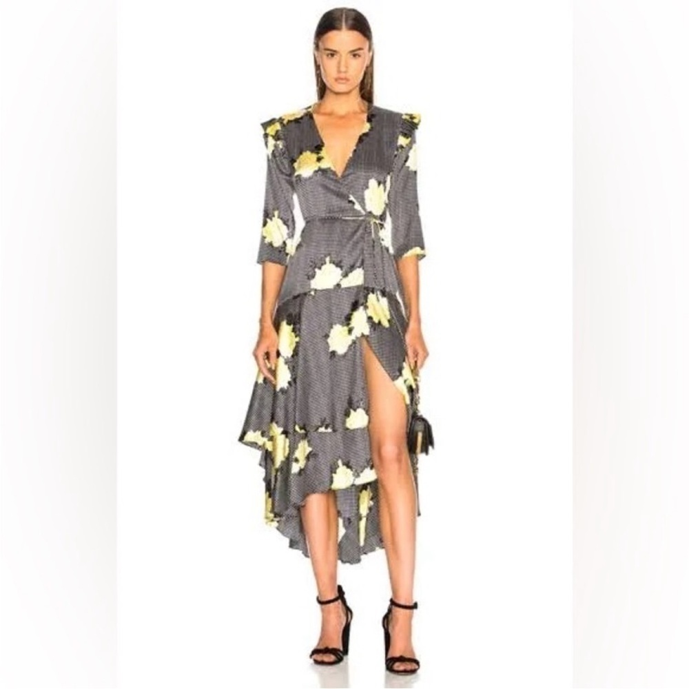 Ganni Calla Yellow Floral Silk Wrap Dress Assymetrical Ruffle Hem Size 40 US 10